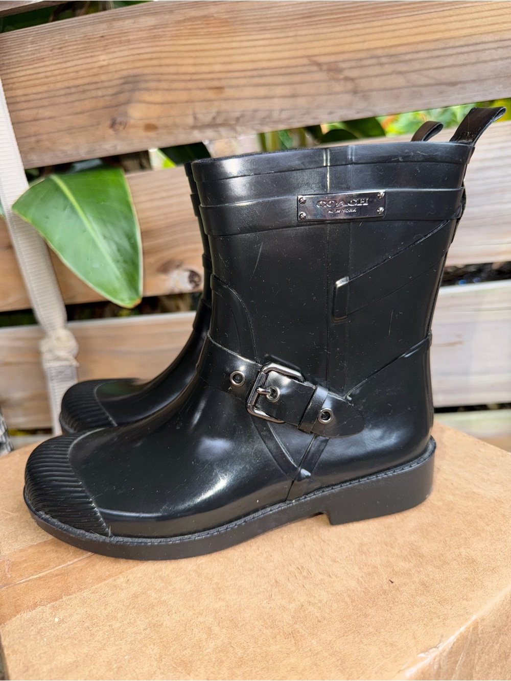 Coach Black Short Rain Boots with Buckle Accent